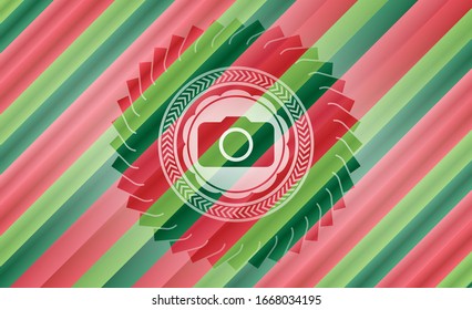 photo camera icon inside christmas colors style badge.