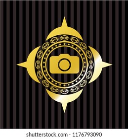 photo camera icon inside gold emblem or badge