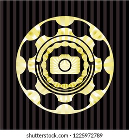 photo camera icon inside gold emblem or badge