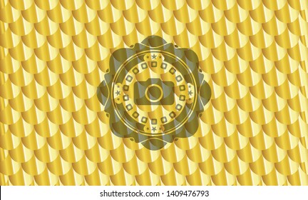 photo camera icon inside gold emblem or badge. Scales pattern. Vector Illustration. Detailed.