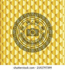photo camera icon inside gold badge. Scales pattern. Vector Illustration. Detailed. 