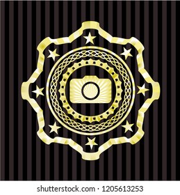 photo camera icon inside golden badge or emblem