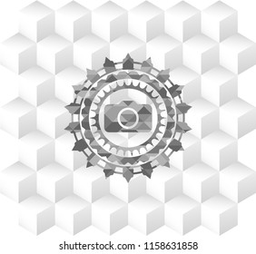 photo camera icon inside grey emblem. Vintage with geometric cube white background