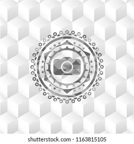 photo camera icon inside grey emblem. Retro with geometric cube white background