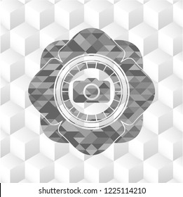 photo camera icon inside grey emblem. Retro with geometric cube white background