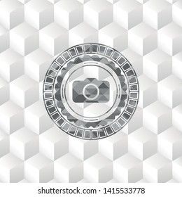 photo camera icon inside grey emblem. Retro with geometric cube white background