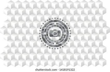 photo camera icon inside grey emblem. Vintage with geometric cube white background