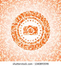 photo camera icon inside orange tile background illustration. Square geometric mosaic seamless pattern with emblem inside.