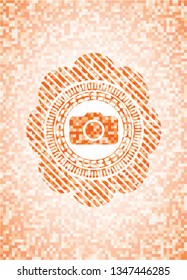 photo camera icon inside orange tile background illustration. Square geometric mosaic seamless pattern with emblem inside.