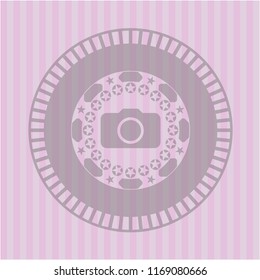 photo camera icon inside pink emblem. Vintage.