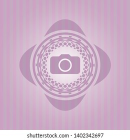 photo camera icon inside pink emblem. Retro