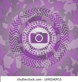 photo camera icon inside pink and purple camo emblem