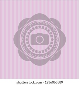 photo camera icon inside realistic pink emblem