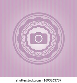 photo camera icon inside realistic pink emblem