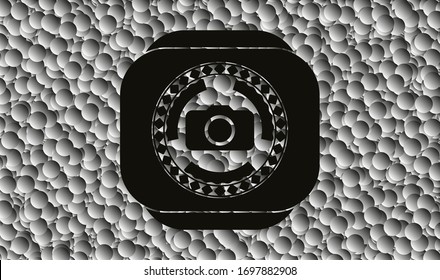 Fotokamerasymbol in realistischem dunklem Emblem mit Blasenhintergrund. Vektorillustration Illustration. Detaillierte Angaben.
