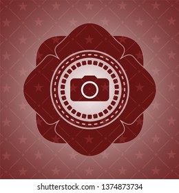 photo camera icon inside red emblem. Retro