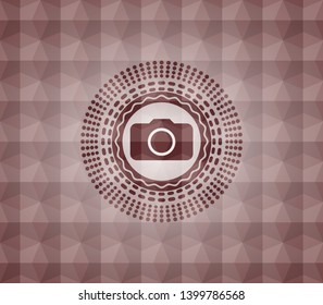 photo camera icon inside red geometric pattern emblem. Seamless.