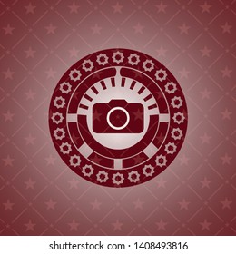 photo camera icon inside red emblem. Retro