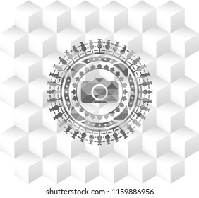 photo camera icon inside retro style grey emblem with geometric cube white background