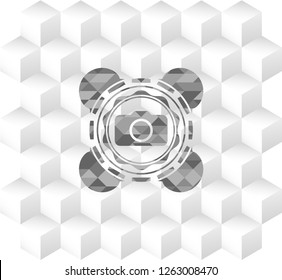 photo camera icon inside retro style grey emblem with geometric cube white background