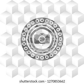 photo camera icon inside retro style grey emblem with geometric cube white background