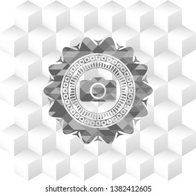 photo camera icon inside retro style grey emblem with geometric cube white background