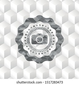 photo camera icon inside retro style grey emblem with geometric cube white background