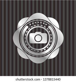 photo camera icon inside silver shiny badge