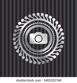 photo camera icon inside silver badge or emblem