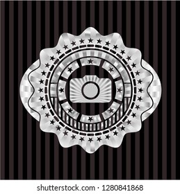 photo camera icon inside silvery shiny badge