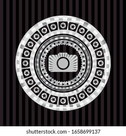 photo camera icon inside silvery badge or emblem