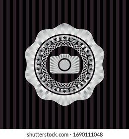 photo camera icon inside silvery shiny emblem