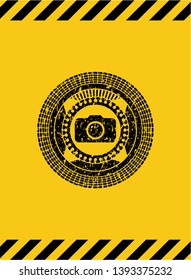 photo camera icon inside warning sign, black grunge emblem. Vector Illustration. Detailed.