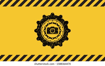 photo camera icon inside warning sign, black grunge emblem. Vector Illustration. Detailed.