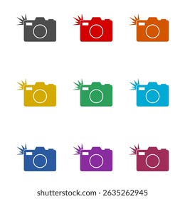  Photo camera icon isolated on white background. Set icons colorful