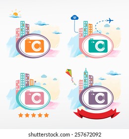 Photo camera icon on city background. Cityscape color illustration set.   