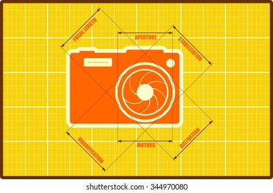 Photo camera icon. Orange outline silhouette on blueprint yellow backdrop. Measure lines with main parameters name list. 