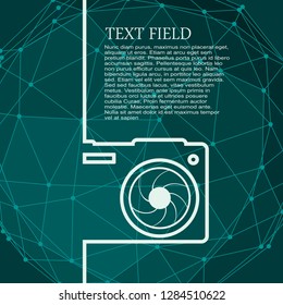 Photo camera icon. Outline silhouette with lens aperture. Field for text. Modern brochure, report or leaflet design template.