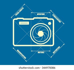 Photo camera icon. Outline silhouette. Measure lines with main parameters name list. 