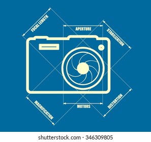 Photo camera icon. Outline silhouette. Measure lines with main parameters name list. 
