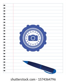 photo camera icon pen effect. Blue ink. Vector Illustration. Detailed.