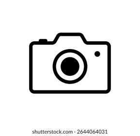 Photo camera icon. Photography camera. Black shutter isolated on white background. Logo lens. Photograph symbol. Sign outline. Silhouette icon tool button. Snap frame pictogram. Vector illustration