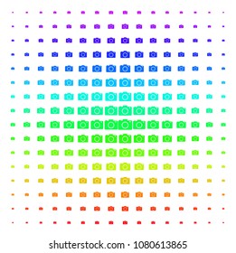 Photo Camera icon rainbow colored halftone pattern. Vector photo camera items organized into halftone grid with vertical spectral gradient. Designed for backgrounds, covers and abstraction effects.