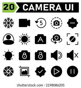 Photo Camera icon set include mode, photo, shoot, effect, camera, video, device, media, multimedia, timer, countdown, five, screen shot, snapshot, interface, minus, reduce, brightness, background