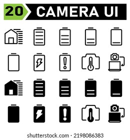 Photo Camera icon set include shadow, option, camera, device, house, bars, battery, energy, full, middle, low, very low, empty, charging, warning, photo filter, temperature, interface, transfer,laptop