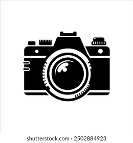 Diseño de Ilustración vectorial de la silueta del icono de la cámara fotográfica sobre fondo blanco.