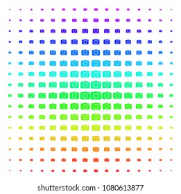 Photo Camera icon spectral halftone pattern. Vector photo camera items arranged into halftone grid with vertical spectrum gradient. Designed for backgrounds, covers and abstraction concepts.