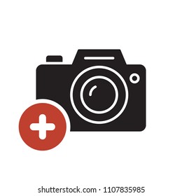 Photo camera icon, technology icon with add sign. Photo camera icon and new, plus, positive symbol. Vector illustration