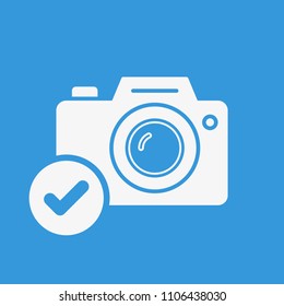 Photo camera icon, technology icon with check sign. Photo camera icon and approved, confirm, done, tick, completed symbol. Vector illustration