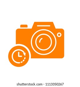Photo camera icon, technology icon with clock sign. Photo camera icon and countdown, deadline, schedule, planning symbol. Vector illustration